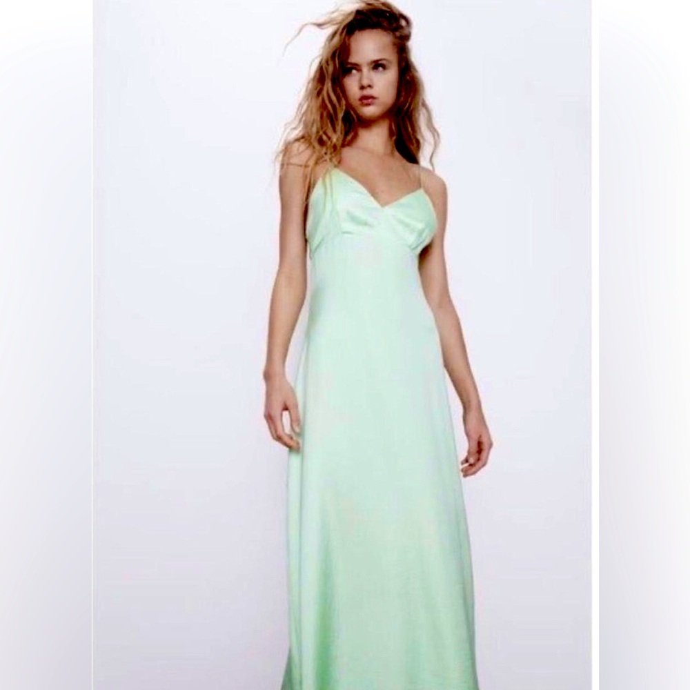 ZARA SATIN EFFECT CUT OUT DRESS GREEN
